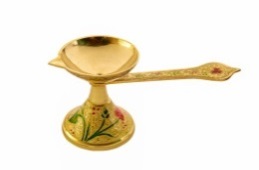 Traditional Golden Brass Meenakari Aarti Diya With Handle